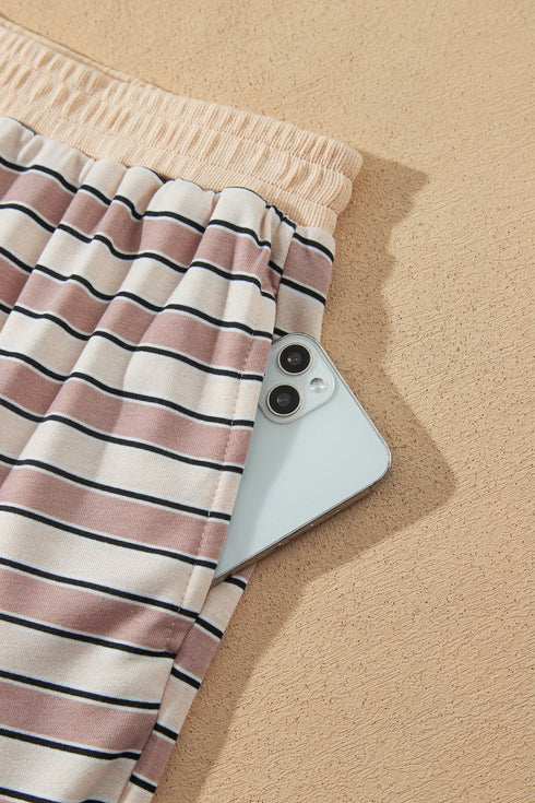 Striped Trim Long Sleeve Top Elastic Waist Pant Set