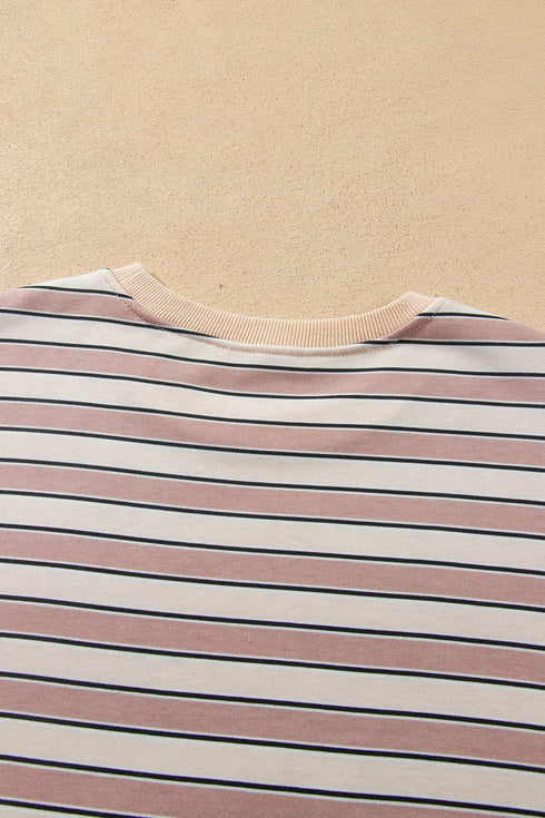 Striped Trim Long Sleeve Top Elastic Waist Pant Set