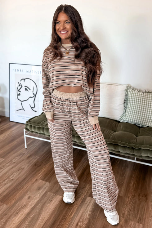 Striped Trim Long Sleeve Top Elastic Waist Pant Set