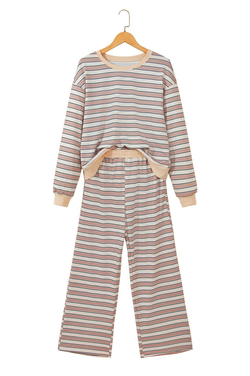 Striped Trim Long Sleeve Top Elastic Waist Pant Set