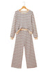 Striped Trim Long Sleeve Top Elastic Waist Pant Set