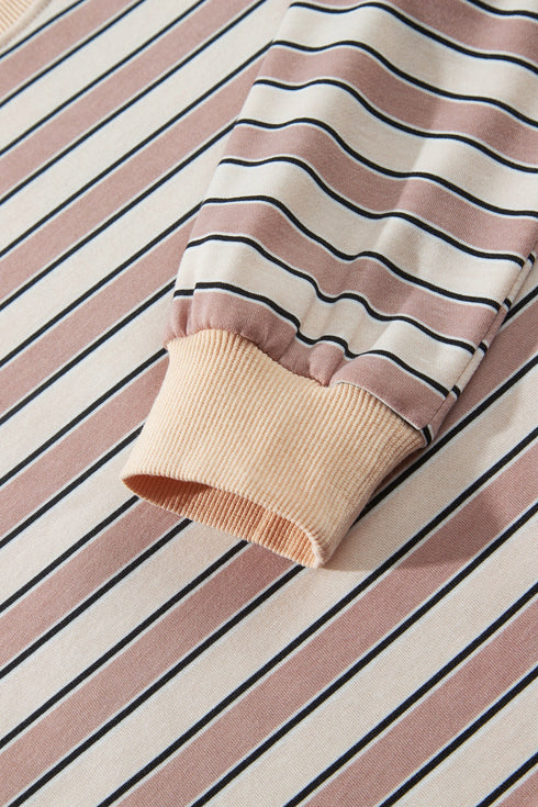 Striped Trim Long Sleeve Top Elastic Waist Pant Set
