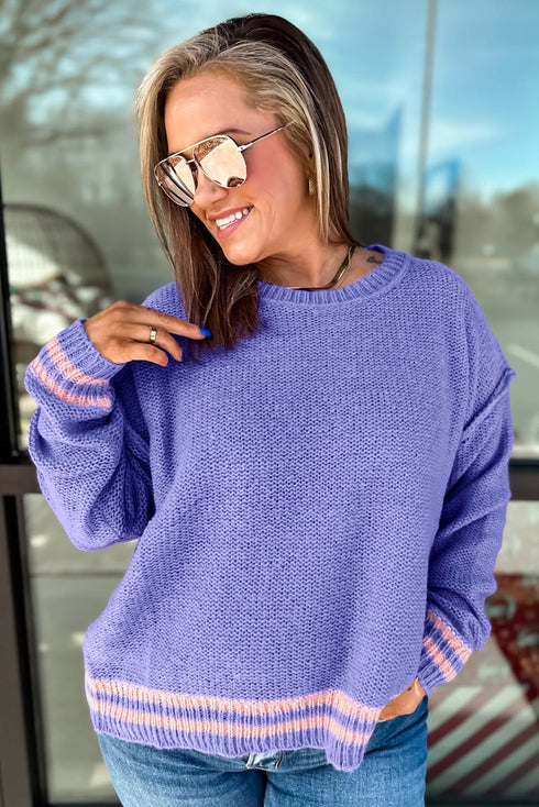 Striped Trim Loose Drop Shoulder Knit Sweater