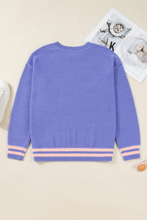 Striped Trim Loose Drop Shoulder Knit Sweater