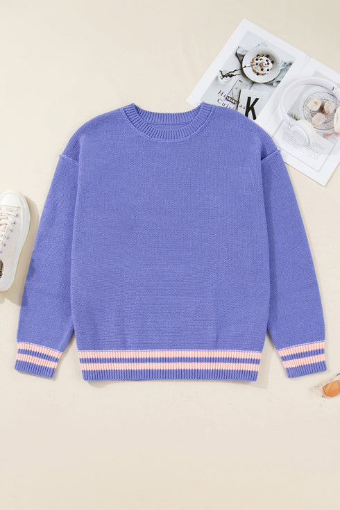 Striped Trim Loose Drop Shoulder Knit Sweater