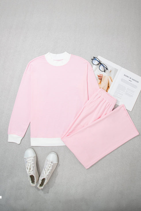 Striped Trim Mock Neck Pullover Drawstring Pants Outfit Pant Set