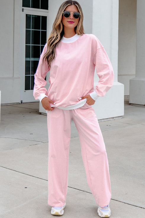 Striped Trim Mock Neck Pullover Drawstring Pants Outfit Pant Set
