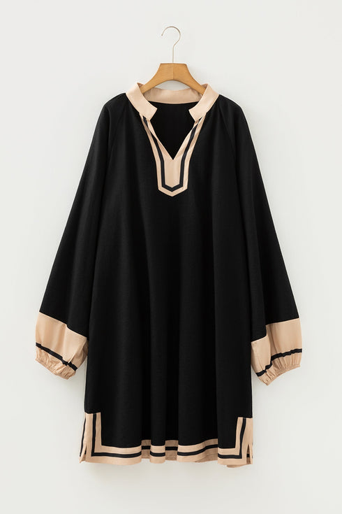 Striped Trim Patchwork V Neck Shift Mini Dress