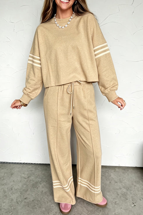 Striped Trim Seam Long Sleeve Top Loose Pant Set