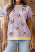 Striped Trim Sequin Rugby Graphic Sporty Casual Tee