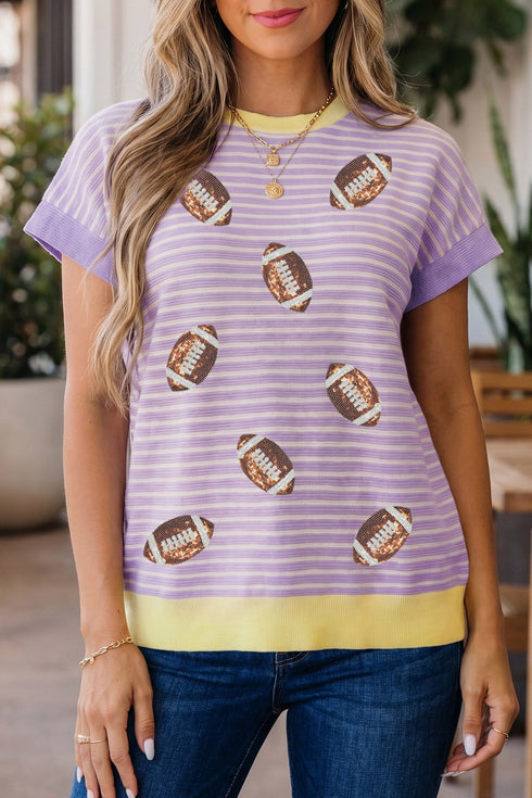 Striped Trim Sequin Rugby Graphic Sporty Casual Tee