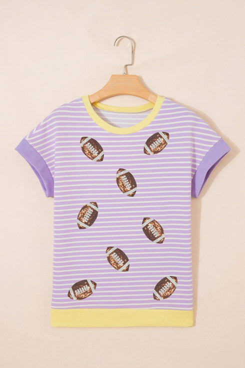 Striped Trim Sequin Rugby Graphic Sporty Casual Tee