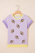 Striped Trim Sequin Rugby Graphic Sporty Casual Tee