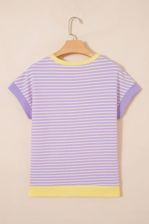 Striped Trim Sequin Rugby Graphic Sporty Casual Tee