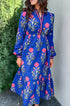 Striped Trim Split Neck Long Sleeve Ruffle Hem Floral Dress