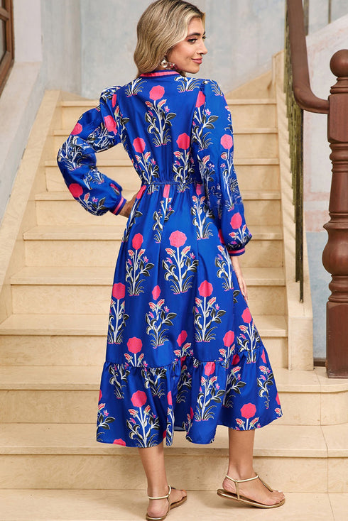 Striped Trim Split Neck Long Sleeve Ruffle Hem Floral Dress