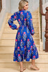 Striped Trim Split Neck Long Sleeve Ruffle Hem Floral Dress