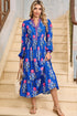 Striped Trim Split Neck Long Sleeve Ruffle Hem Floral Dress