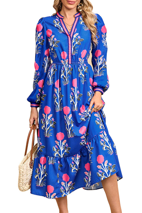 Striped Trim Split Neck Long Sleeve Ruffle Hem Floral Dress