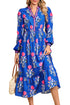 Striped Trim Split Neck Long Sleeve Ruffle Hem Floral Dress