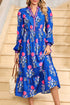 Striped Trim Split Neck Long Sleeve Ruffle Hem Floral Dress