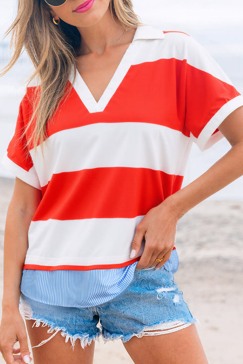 Striped Trim V Neck Dolman Sleeve Cuffed Blouse