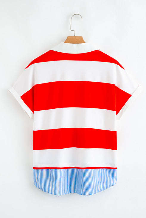 Striped Trim V Neck Dolman Sleeve Cuffed Blouse