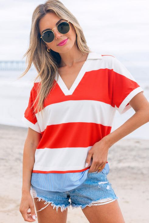 Striped Trim V Neck Dolman Sleeve Cuffed Blouse