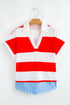 Striped Trim V Neck Dolman Sleeve Cuffed Blouse