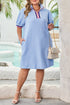Striped Trim Zipped Stand Collar Textured Puff Sleeve Mini Dress