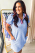 Striped Trim Zipped Stand Collar Textured Puff Sleeve Mini Dress