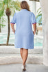 Striped Trim Zipped Stand Collar Textured Puff Sleeve Mini Dress