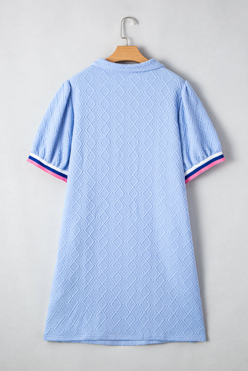 Striped Trim Zipped Stand Collar Textured Puff Sleeve Mini Dress