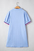 Striped Trim Zipped Stand Collar Textured Puff Sleeve Mini Dress