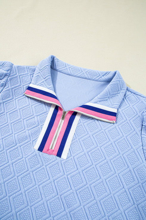 Striped Trim Zipped Stand Collar Textured Puff Sleeve Mini Dress