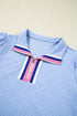 Striped Trim Zipped Stand Collar Textured Puff Sleeve Mini Dress