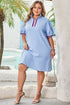 Striped Trim Zipped Stand Collar Textured Puff Sleeve Mini Dress