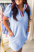 Striped Trim Zipped Stand Collar Textured Puff Sleeve Mini Dress