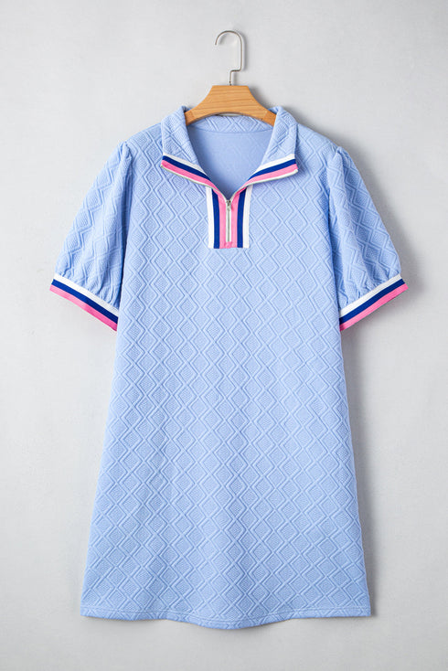Striped Trim Zipped Stand Collar Textured Puff Sleeve Mini Dress