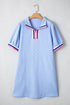 Striped Trim Zipped Stand Collar Textured Puff Sleeve Mini Dress