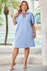 Striped Trim Zipped Stand Collar Textured Puff Sleeve Mini Dress