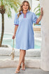 Striped Trim Zipped Stand Collar Textured Puff Sleeve Mini Dress