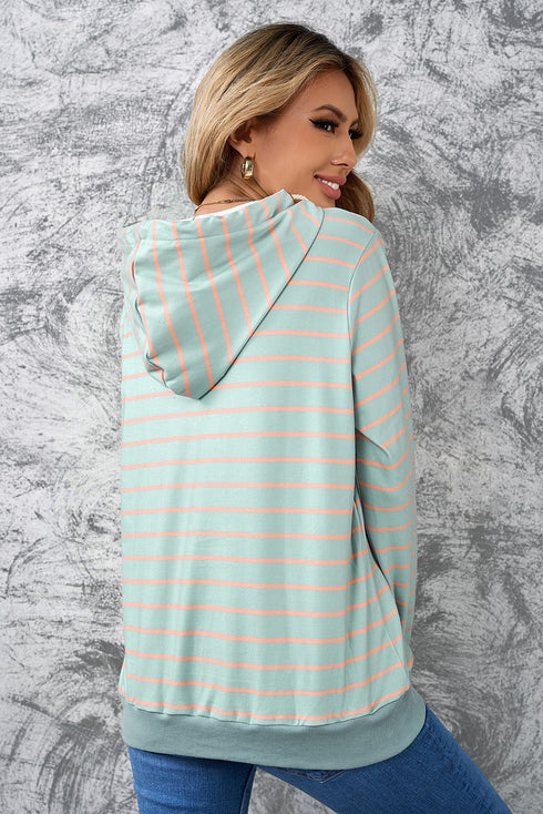 Striped Turtleneck Hoodie With Pocket