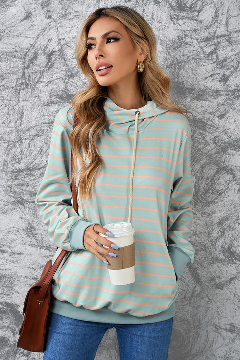 Striped Turtleneck Hoodie With Pocket