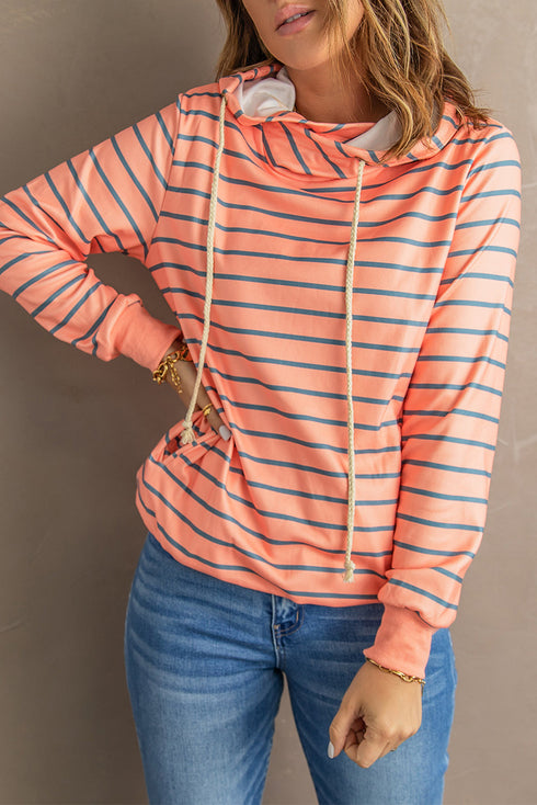Striped Turtleneck Hoodie With Pocket