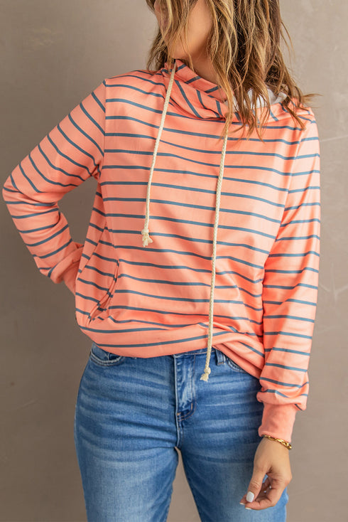 Striped Turtleneck Hoodie With Pocket