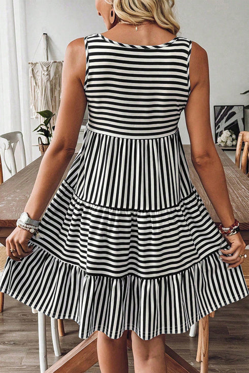 Striped U Neck Sleeveless Loose Fit Casual Mini Dress