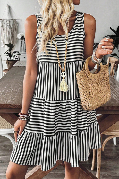 Striped U Neck Sleeveless Loose Fit Casual Mini Dress