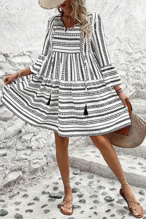 Striped V Neck Bell Sleeve A Line Mini Dress