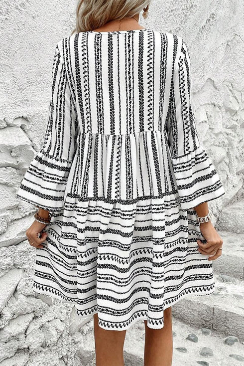 Striped V Neck Bell Sleeve A Line Mini Dress